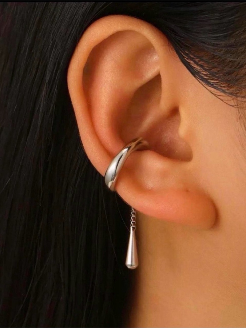 Silver tone Drop Chain Ear Cuff - Minimalist Women’s Jewelry